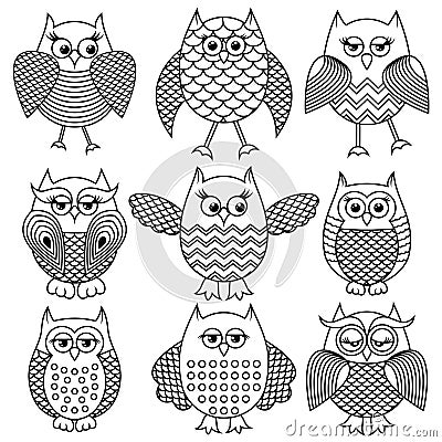 Nine cartoon funny owl outlines Vector Illustration