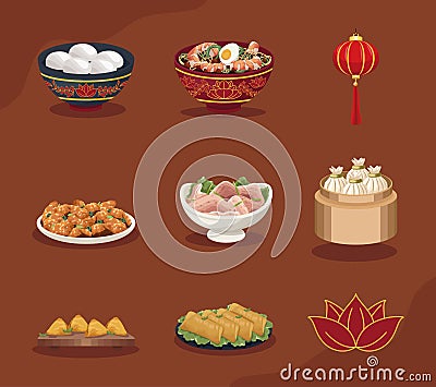nine chinese food dishes Vector Illustration