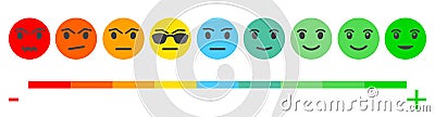 Nine Color Faces Feedback/Mood. Set nine faces scale - smile neutral sad - isolated vector illustration. Vector Illustration