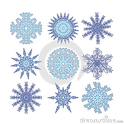 Nine color snowflakes Vector Illustration