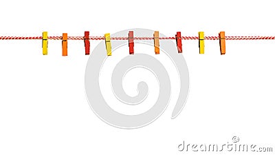 Nine colored clothespins on a red and white rope isolated on a white background. Stock Photo