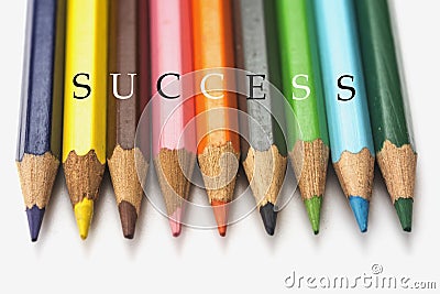 Nine colored pencils with the word success Stock Photo