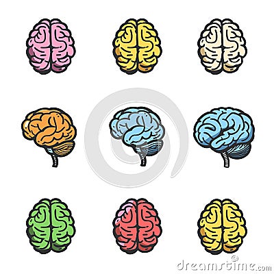 Nine colorful brain icons, different color schemes isolated white background. Set showcases human Vector Illustration