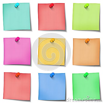 Nine colour post it note with pins Stock Photo