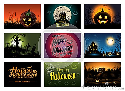 Nine creepy Halloween greeting card party invitation Vector Illustration