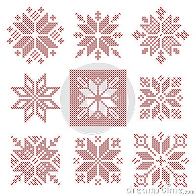 Nine cross stitch snowflakes pattern, Scandinavian style Vector Illustration