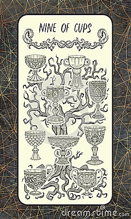 Nine of cups. The Magic Gate tarot card Cartoon Illustration