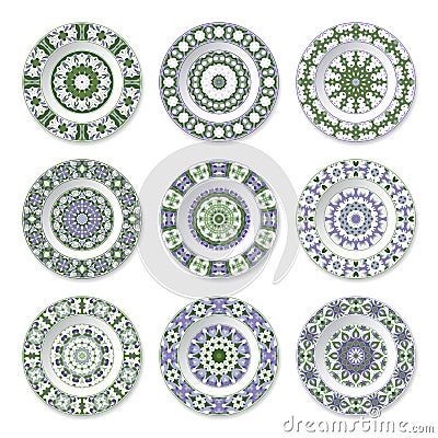 Nine decorative plates with circular colored pattern Vector Illustration