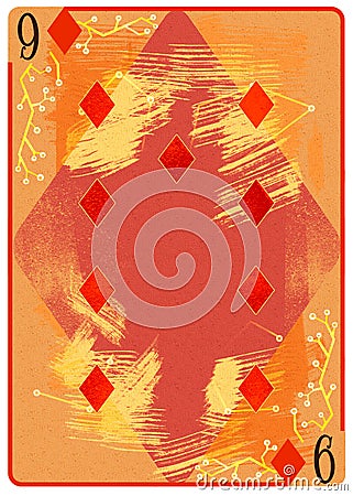 Nine of Diamonds playing card. Unique hand drawn pocker card. One of 52 cards in french card deck, English or Anglo-American Cartoon Illustration