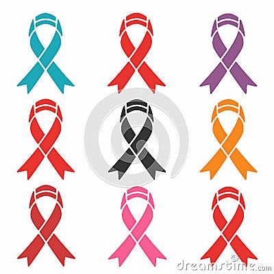 Nine different colored awareness ribbons representing diverse causes isolated white. Various hues Vector Illustration