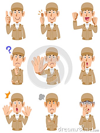 Nine different facial expressions of working wearing men Vector Illustration
