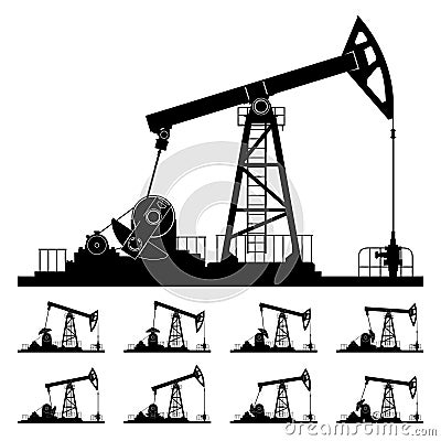 Nine Different Positions Working Oil Pumps Vector Illustration