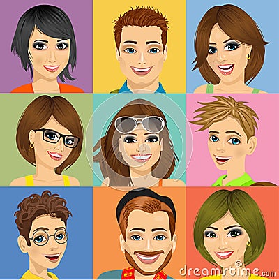 Nine diverse young people face portraits Vector Illustration