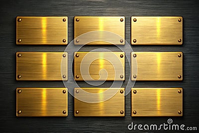 Nine Empty Golden Rectangular Nameplates on a Dark Background A Stunning Mockup for Branding Design Projects Stock Photo