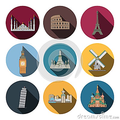 Nine flat landmark icons Vector Illustration