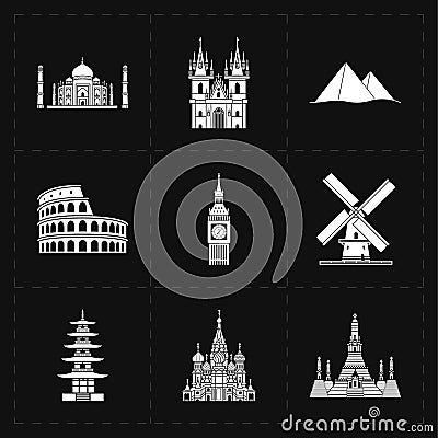 Nine flat landmark icons Vector Illustration