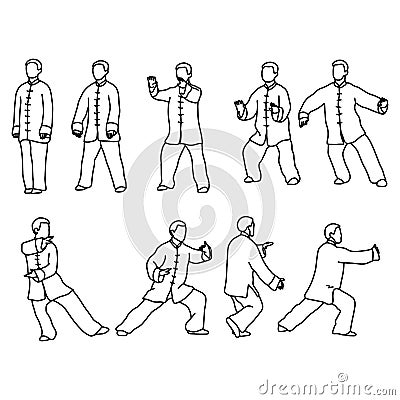 Nine forms of Tai-chi. Men wear traditional chinese cloths vector illustration sketch hand drawn with black lines, isolated on Vector Illustration