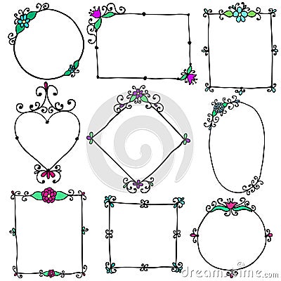 Nine frames with flowers and curls Vector Illustration