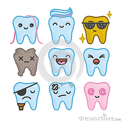 Nine funny cartoon kawaii teeth vector isolated set Vector Illustration