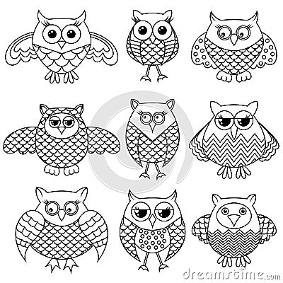 Nine funny cartoon owl outlines Vector Illustration