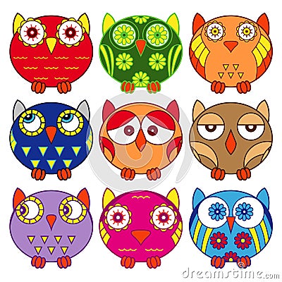 Nine funny owls in oval forms Vector Illustration