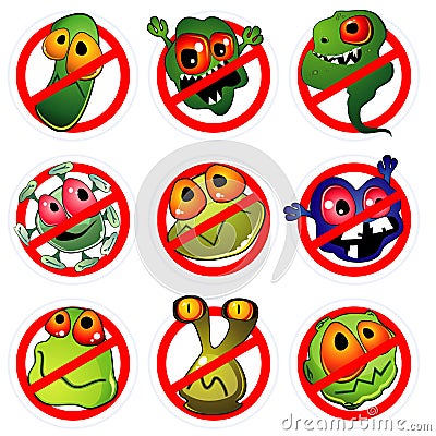 Nine germs and prohibition signs Vector Illustration