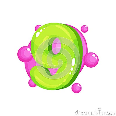 Nine green glossy bright number, kids font vector Illustration on a white background Vector Illustration