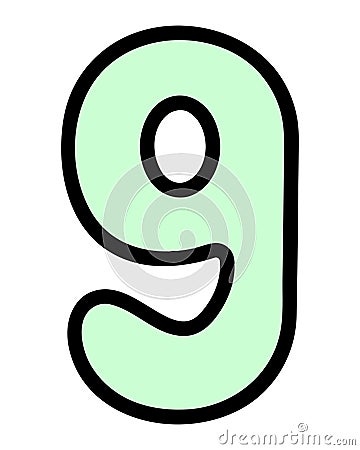 Nine. Green number nine with rounded corners. Arabic number symbol. Cartoon style Vector Illustration