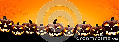 Nine halloween, Jack O Lanterns, with evil spooky eyes and faces Stock Photo