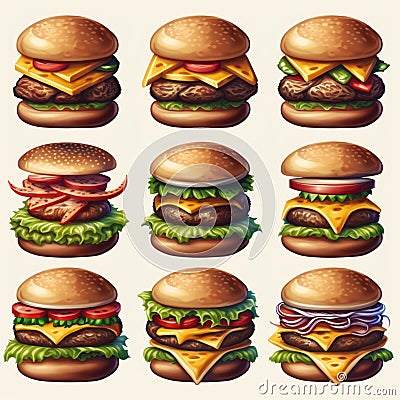 Nine icons of hamburguers in white background and Isolated. Stock Photo