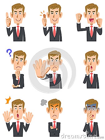 Nine kinds of gestures and facial expressions of men Vector Illustration