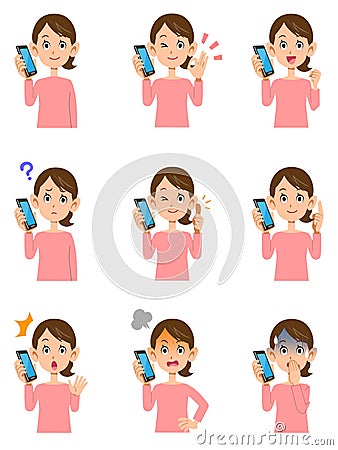 Nine kinds of gestures and facial expressions of a woman wearing a pink cut-and-sew talking on a mobile phone Vector Illustration