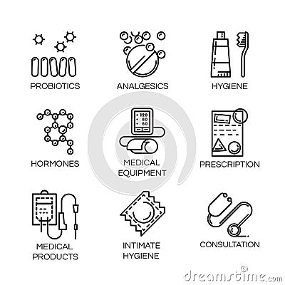 Nine medical and health care icons in outline style Vector Illustration