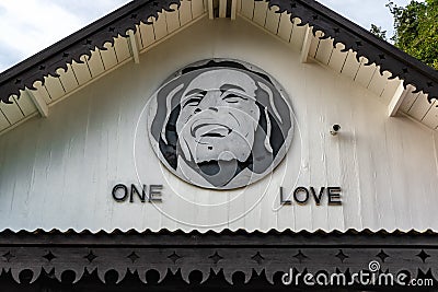 Nine Mile, Jamaica JANUARY 07, 2017: `One Love` and portrait of Bob Marley Editorial Stock Photo