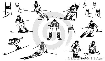 Nine mountain sportsmen compete in giant slalom Super-G. Vector Illustration
