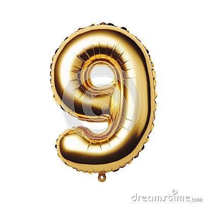 Nine number 9 font golden balloon isolated on white transparent background Stock Photo