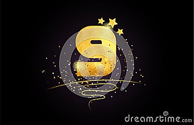9 nine number icon design with golden star and glitter Vector Illustration