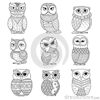 Nine owls design for coloring book, tattoo, shirt design and other decoration Vector Illustration