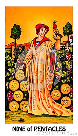 Nine of Pentacles Tarot Card Success Prosperity Wealth Financial Stability Stock Photo