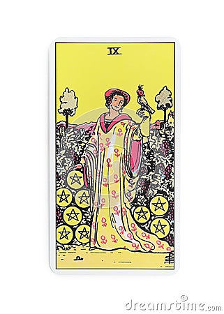 The Nine of Pentacles tarot card on white background, top view Stock Photo