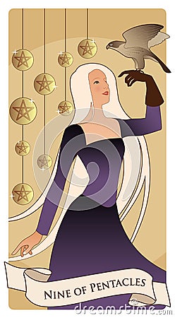 Nine of pentacles. Tarot cards. Beautiful girl carrying a hawk on her hand and nine bright golden pentacles in the background Stock Photo