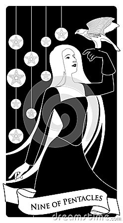 Nine of pentacles. Tarot cards. Beautiful girl carrying a hawk on her hand and nine bright golden pentacles in the background Vector Illustration