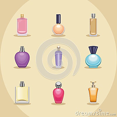 nine perfumes bottles icons Vector Illustration