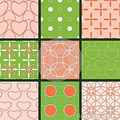 Nine pink and green seamless textures Vector Illustration