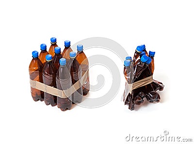 Nine plastic bottles before and after compression Stock Photo
