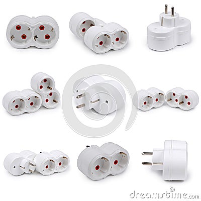 Nine plastic electrical double connector with two sockets on a white background Stock Photo