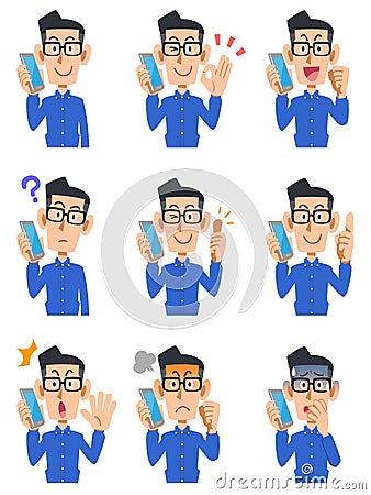 Nine poses of a man wearing glasses and a blue shirt talking on a mobile phone Vector Illustration