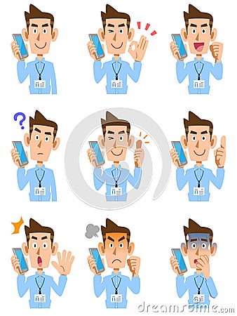 Nine poses of a man wearing an ID card and a light blue shirt talking on a mobile phone Vector Illustration