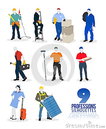 Nine professions silhouettes vector Vector Illustration