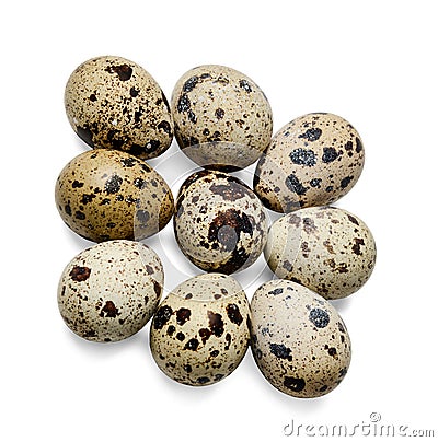 Nine quail eggs on a white isolated background. Close-up.Top view. Stock Photo